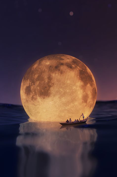 a moon floating on water with people floating by in a gondola Moon Concept Art, 3d Render Art, Technical Artist, Moon Festival, Ticket Design, Fantasy Background, Festival Background, Moon Photography, Mooncake