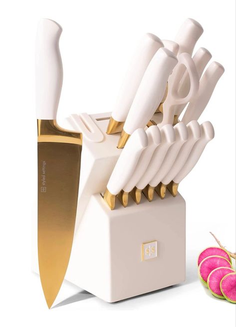 White Kitchen Knife Set, Gold Knife Set, White Kitchen Utensils, Gold Knife, Kitchen Essentials List, Gold Kitchen Accessories, Kitchen Decor Collections, Gadgets Kitchen Cooking, Future Apartment Decor