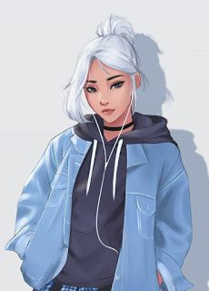 A Drawing, An Anime, White Hair, Headphones, Wall, Anime, Hair, Blue, White