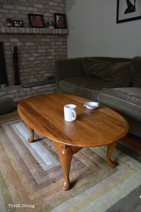 Thrifted Coffee Table Makeover - Thrift Diving Blog (22) Modern Painted Coffee Table, Recycled Coffee Table, Painted Oak Coffee Table, Oval Coffee Table Makeover, Painted Coffee Table Ideas, Wood Coffee Table Makeover, Coffee Table Makeover Diy, Wood Coffe Table, Coffee Table Refinish