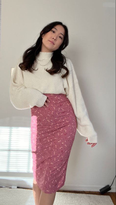 Body Con Dress Outfit Winter, Modest Winter Outfits For Church, Pink Sweater Dress Outfit, High Neck Sweater Outfit, Dress With Sweater Over It, Sweater Dress Outfit Winter, Cropped Sweater Outfit, Pink Sweater Outfit, Floral Dress Winter