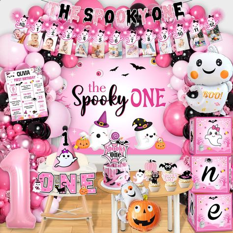 PRICES MAY VARY. Package Includes: You will receive 118 pieces of spooky one birthday decorations girl, include 20 x 12 inch balloon, 32 x 10 inch balloons, 40 x 5 inch balloon, 4 x aluminum film balloon, 1 x the spooky one banner with 118.2 inch pink string lights, 1 x high chair banner , 1 x spooky one backdrop (59" x 39"), 1 x cake toppers, 12 x cupcake toppers, 1 x party hats, Our the spooky one first birthday set enhances the party atmosphere and creates an unforgettable memory for your fri Halloween Themed 1st Birthday Party, A Spooky One Birthday Girl, One Spooky Babe Birthday, Pink Halloween 1st Birthday Party, Spooky One First Birthday Balloons, Spooky One Pastel Birthday, Halloween 1st Birthday Party, Spooky One First Birthday Pink, Girl Halloween Party