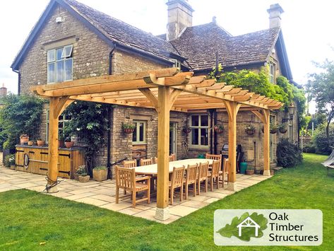 Bespoke, Solid Oak Pergolas made to your exact sizes. Design online. Oak Pergola Ideas, Pagola Ideas Pergolas, Chunky Pergola, Pagola Ideas, Large Pergola, Oak Pergola, Porch Oak, Timber Frame Pavilion, Rustic Pergola