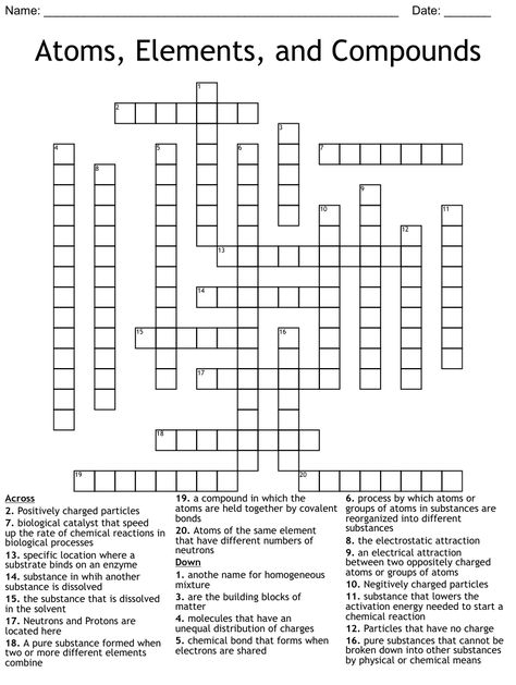 Atoms, Elements, and Compounds  Crossword Atoms Elements And Compounds, Element Compound Mixture, Atoms Molecules Elements Compounds, Elements And Compounds, Chemistry Structure Of Atom, Science Word Search, Electronic Structure Of Atoms, Chemical Bond, Covalent Bonding