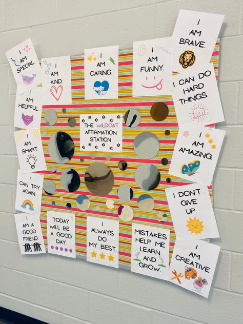 Elementary school affirmation staion board. Affirmation Bulletin Board, Wolf Den, Job Chart, Community Boards, Bulletin Boards, Wild Cats, Elementary Schools, Fun Things To Do, Affirmations