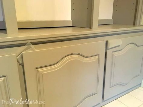 Painting Bookshelves and Cabinets - finished cabinets with doors shielded by wax paper. Painting Bookshelves, Bookshelves With Doors, Den Fireplace, Valspar Cabinet Enamel, Bookshelves Cabinets, Painted Bookshelves, Bookshelf Cabinet, Brick Fireplace Makeover, Old Cabinets