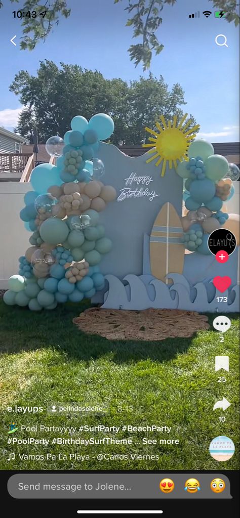 Aqua Theme Decoration Ideas, Surf Balloon Arch, The Big One Surf Birthday Balloon Arch, The Big One Birthday Backdrop, The Big One Surf Birthday Backdrop, Surf Party Centerpieces, Big One Wave Birthday Party, Big Wave Birthday Party, Surfing Theme Birthday Party