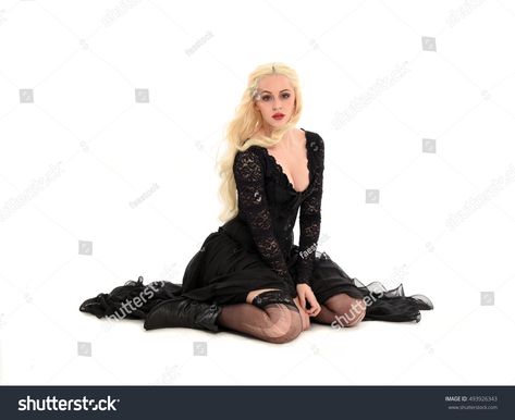 beautiful blonde woman wearing a long black gothic gown, sitting on the ground. isolated on white background. Sitting In Long Dress Reference, Woman Sitting On Floor Reference, Dress Drawing Reference Sitting, Sitting Reference Pose Floor, Sitting On Floor Aesthetic, Sitting With Dress, Sitting On The Ground Pose Reference, Kneeling On Floor Pose, Sitting Ground Pose