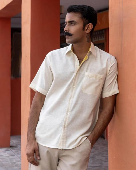 Nirvana Menswear Collection - New Arrivals! A crisp white Khadi shirt is an essential for men who appreciate refined style and quality craftsmanship. Get that relaxed yet polished look in our KARAN HALF SLEEVE SHIRT, elevated with muted mustard detailing. [ Cottons Jaipur, Khadi, Block print, Menswear, Handmade khadi Shirts, Everyday-wear, Summer staples ] #cottons #cottonsjaipur #newarrivals #floral #summer #summer2024 #menswear #khadi #handspun #mensweardaily #blockprint handcrafteds... Half Sleeve Shirts For Men, Cottons Jaipur, Half Sleeve Shirt, Half Sleeve Shirts, Refined Style, Menswear Collection, Summer Staples, Polished Look, Nirvana