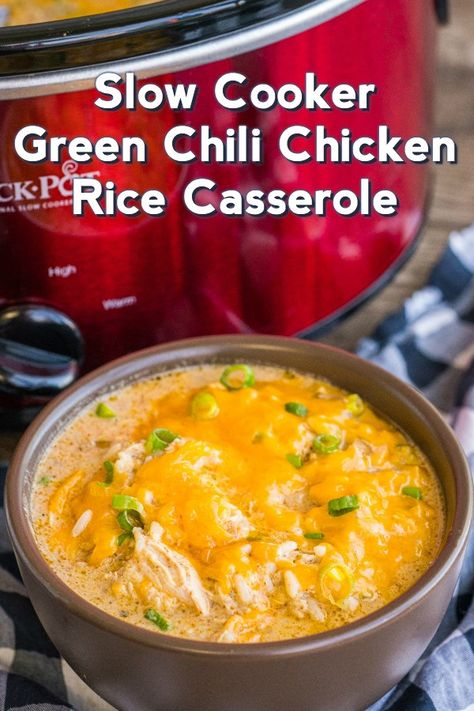 Cooking Panda Green Chili Chicken And Rice, Slow Cooker Green Chili Chicken, Crock Pot Green Chili, Chili Rice Casserole, Slow Cooker Green Chili, Green Chili Chicken Casserole, Cooking Panda, Green Chili Chicken, Green Chile Chicken