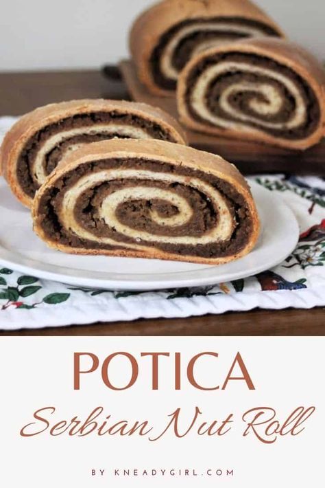 Potica, a traditional Serbian Nut Roll is a delicious breakfast or brunch bread. This rich dough is wrapped around a sweet and rich ground walnut filling for a decadent treat. Get the full recipe on my blog. Potica Recipes, Povitica Bread Recipe, Potica Bread Recipe, Filled Bread, Nut Roll Recipe, Nut Roll, Nut Bread Recipe, Homemade Baked Bread, Walnut Butter