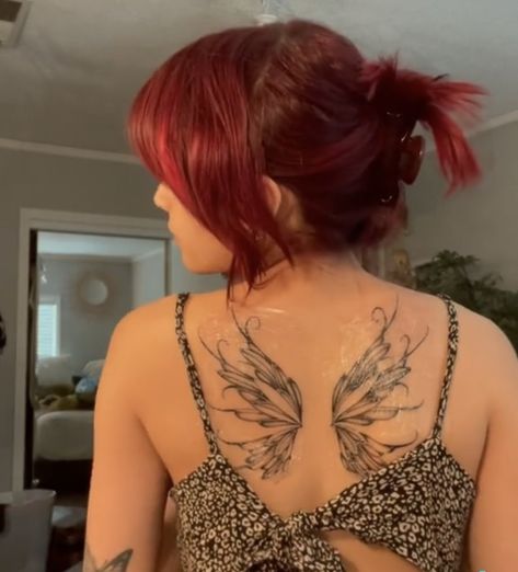 Fairy Wings Tattoo, Fairy Wing Tattoos, Wing Tattoos On Back, Seashell Tattoos, Butterfly Back Tattoo, Fairy Tattoo Designs, Flame Tattoos, Petite Tattoos, Spine Tattoos For Women