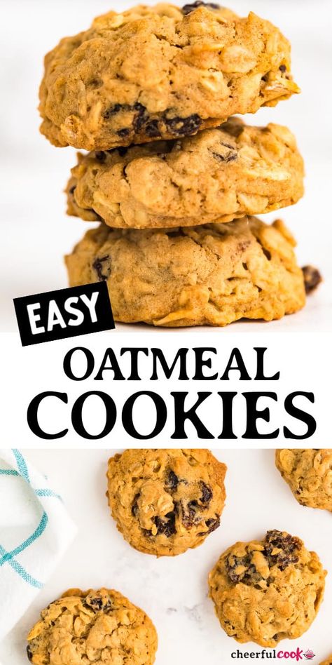 These quick and easy, budget-friendly oatmeal raisin cookies are super soft and chewy on the inside and baked to a golden mild crisp outside. Filled with nutritious oats and chewy raisins in each bite. #cheerfulcook #oatmealcookies #oatmealraisin #baking Cake Mix Oatmeal Cookies, Amish Oatmeal, Soft Oatmeal Raisin Cookies, Easy Oatmeal Raisin Cookies, Old Fashioned Oatmeal Cookies, Copycat Cookies, Oat Cookie Recipe, The Best Oatmeal, Oatmeal Cookies Easy