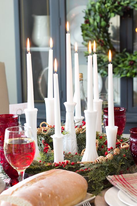 Bud Vase Candle Holder Centerpiece + Christmas Tablescape | blesserhouse.com - Christmas tablescape with bud vases repurposed into a candle holder centerpiece with modern French farmhouse style plus 30 gorgeous Christmas tablescapes. Farmhouse Christmas Tablescapes, Milk Glass Decor, Farmhouse Table Centerpieces, Vase Transparent, Milk Glass Collection, Christmas Tablescape, Milk Glass Vase, Candleholder Centerpieces, Festive Holiday Decor