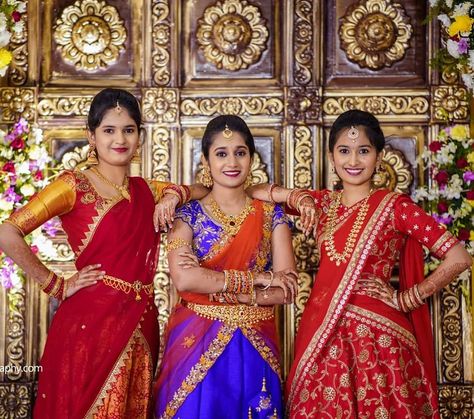 Halfsaree Function Photoshoot Poses, Function Poses, Cold Shoulder Blouse Designs, Haldi Poses For Bride, Saree Function, Indian Bride Poses, Half Saree Function, Indian Bride Photography Poses, Bridesmaid Photoshoot