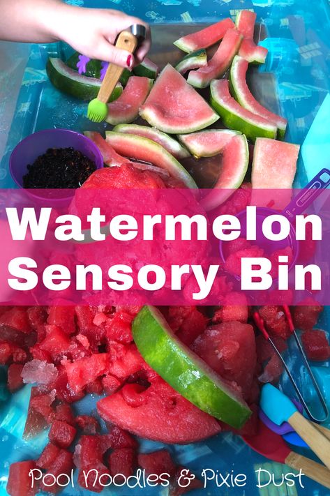 Have some fun this summer with a Watermelon Sensory Bin! - Pool Noodles & Pixie Dust Watermelon Activities, Sensory Water, Sensory Bin Ideas, Toddler Sensory Bins, Watermelon Crafts, Toddler Teacher, Baby Sensory Play, Baby Fruit, Summer Preschool