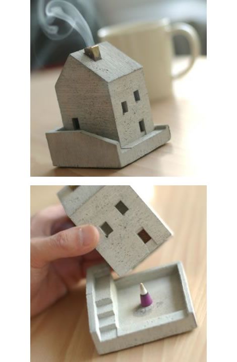 How utterly charming is this little house by Japanese brand, Lodge? The smoke coming out of the chimney is from the incense cone inside - it's a wee little incense pot. Each house is made individually by hand and great care has been taken to achieve a realistic looking surface. Cerámica Ideas, Clay Houses, Tanah Liat, Concrete Crafts, Ceramic Houses, Ceramic Candle, Concrete Diy, Pottery Ideas, Clay Ceramics