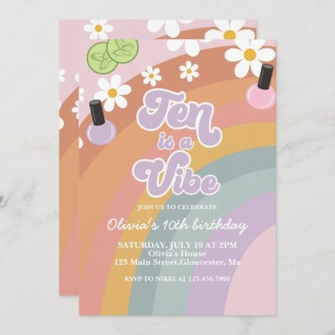 Ten Is A Vibe Rainbow Daisy 10th Birthday Party In Invitation | Zazzle 10th Birthday Invitation, 10th Birthday Party, Rainbow Daisy, 10th Birthday Parties, Spa Party, 10th Birthday, Birthday Invitations, Daisy, Nail Polish