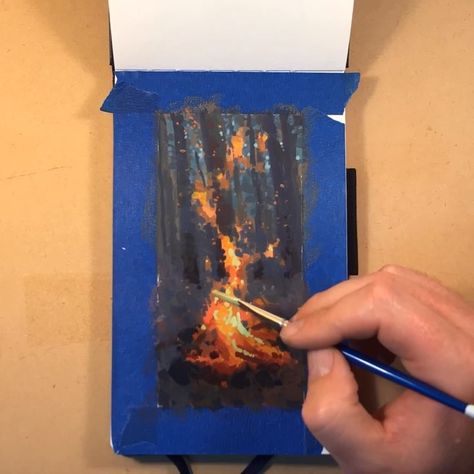 Jeremy Duncan on Instagram: ““The fire that warms us can also consume us; it is not the fault of the fire.” Swami Vivekananda  6x3” gouache on paper  #campfire #fire…” Fire Gouache, Paper Campfire, Swami Vivekananda, Gouache Painting, Sky Aesthetic, Diet And Nutrition, The Fire, Campfire, Art Videos