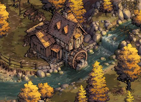 ArtStation - Isometric Watermill, Yusuf Artun Dungeons And Dragons Diy, Rpg Horror, 3d Concept, Rpg Dice, Pixel Art Games, Building Art, Fantasy Map, Environmental Art, Minecraft Houses