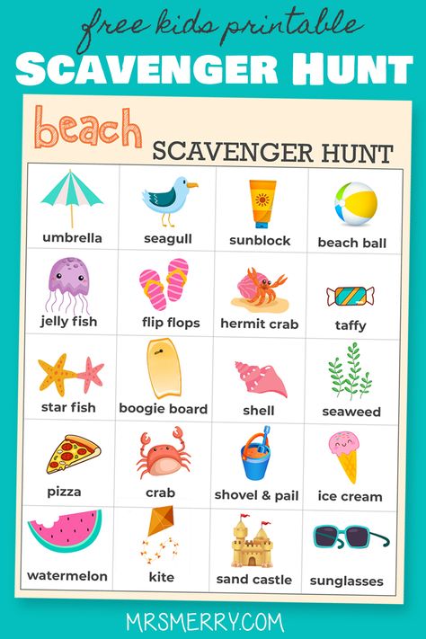 Heading to the beach this weekend? Print out our free beach scavenger hunt and find these 20 beach items. Make memories and go on a great beach adventure! #freekidsprintable #thingstodowithkids #4thofjuly #fourthofjulyactivities #beachactivities #scavengerhuntforkidsoutdoors #scavengerhuntideas #ideasforscavengerhunts #scavengerhuntkids #scavengerhuntforkids Beach Treasure Hunt, Scavenger Hunt Ideas For Kids, Beach Scavenger Hunt, Memorial Day Activities, Scavenger Hunt Ideas, Summer Printables, Kids Outdoor Play, Beach Items, Scavenger Hunt For Kids