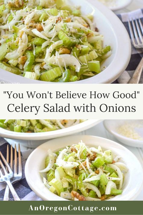 You won't believe how good this simple celery salad recipe is - yes, celery! With just a handful of healthy ingredients including onions, parmesan, and heart healthy walnuts all tossed with a quick vinegar based dressing, this is a wonderful salad that keeps well. It's as good for summer picnics as it is for winter dinners. Mediterranean Salads, Winter Dinners, Celery Recipes, Celery Salad, Onion Salad, Summer Picnics, Best Salad Recipes, Winter Dinner, 140 Pounds