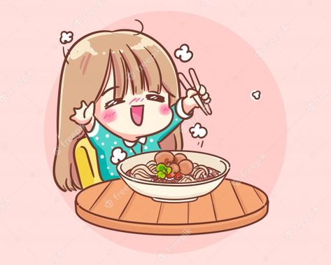 Cartoon Eating Food, Cartoon Eating, University Illustration, Cartoons Eating, Noodle Doodle, Girl Eating, Food Cartoon, Happy Cartoon, Eating Food