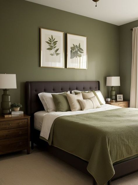 Green Room Ideas Bedroom, Olive Bedroom, Olive Green Bedrooms, Green Accent Wall, Green Bedroom Walls, Green Bedroom Decor, Olive Green Walls, Green Accent Walls, Earthy Bedroom