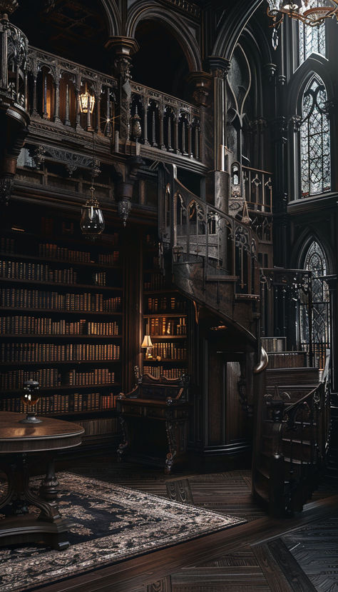 Insporation for our romantic dark academia feel library Dark Academia Aesthetic Gothic, Malfoy Manor Library, Dark Aesthetic Library Room, Librarycore Aesthetic, Walk In Library, Dark Cottagecore Library, Dark Wood Library Room, Dark Academia Mansion Interior, Dark Bookstore Aesthetic