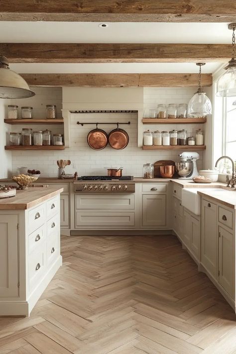 Rustic & Refined: 40 Cottage Kitchen Inspirations You’ll Fall in Love With | VIVA Wood Kitchen Countertops White Cabinets, Galley Cottage Kitchen, Easy To Clean Home Design, Provence Style Kitchen, Kitchen Vaulted Ceiling Cabinets, Brick And Wood Kitchen, French Kitchen Aesthetic, Kitchen Cottage Ideas, French Country Kitchen Design Ideas