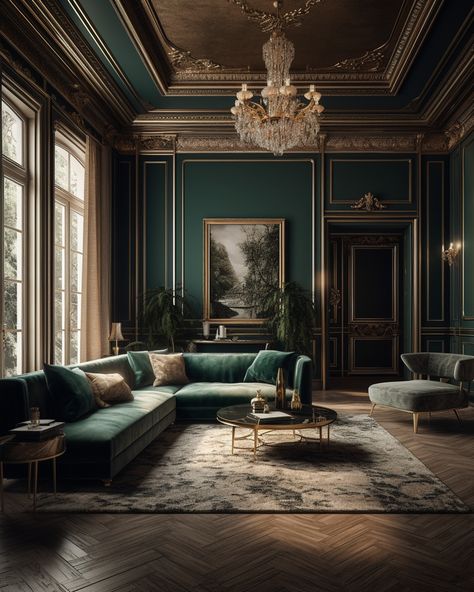 Green Victorian House Interior, Dark Green House Aesthetic, Dark Green Panelling, Dark Green Interior Design, Dark Green Dining Room, Dark Green Rooms, Gothic Interior Design, Dark Green Living Room, Gothic Interior