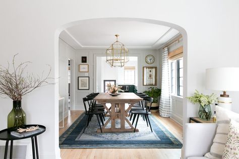 Denver Tudor Reveal - Studio McGee Rose Gold Ceiling, Gold Ceiling Fan, Eclectic Dining Room, Black Chairs, Eclectic Dining, Moody Interiors, Gold Ceiling, Gray Owl, Open Space Living