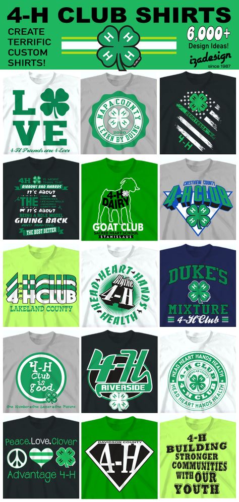 Custom 4-H shirts by IZA Design since 1987. Create custom 4H club and event shirts. Search our extensive collection of awesome 4-H club shirt designs. Perfect for 4-H team building events, 4-H goat clubs, and 4-H spirit shirts. IZA Design cool custom t-shirts for your 4-H club! 4h T Shirt Designs, 4 H Club Shirts Designs Ideas, 4 H Shirts, 4-h Sayings, 4h Shirt Designs, 4h Signs For Fair, 4 H Banner Ideas, National 4-h Week Ideas, 4 H Pen Decorations