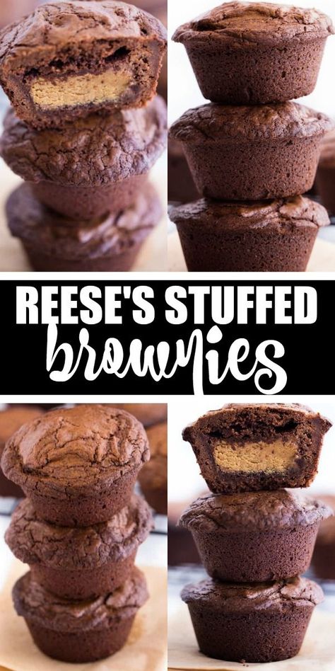 Reeses Brownies, Stuffed Brownies, Brownie Desserts Recipes, Dessert Halloween, Resep Brownies, Brownie Cups, Brownie Cupcakes, Brownie Desserts, Peanut Butter Desserts