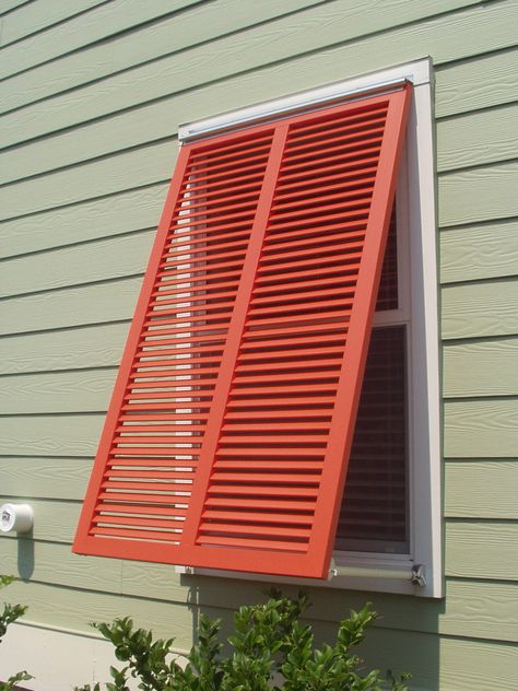 Bahama style shutters are very popular - especially in coastal areas. This shutters is entirely built from pultruded fiberglass. Outdoor Window Shutters, Outdoor Window Awnings, Bermuda Shutters, Blind Ideas, Window Shutters Exterior, Indoor Shutters, Bahama Shutters, Outdoor Shutters, Diy Exterior