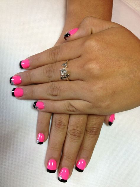 Two Tone French with Hot Pink Polish and Gems Hot Pink Nails With Black Design, Hot Pink And Black French Tip Nails, Black Nails With Pink Tips, Bright Pink And Black Nails, Two Tone Pink Nails, Two Tone French Tip Nails, Black And Hot Pink Nails, Hot Pink And Black Nails, Hot Pink French Tip Nails