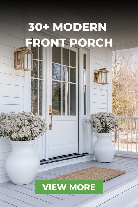 A modern white front porch with natural wood accents and a black light fixture, creating a harmonious blend of warmth and contemporary elegance. Scandinavian Porch Ideas, Scandinavian Porch, Modern Porch Ideas, White Front Porch, Modern Front Porch Decor, Modern Front Porch Ideas, Modern Front Porches, Modern Front Porch, White Porch