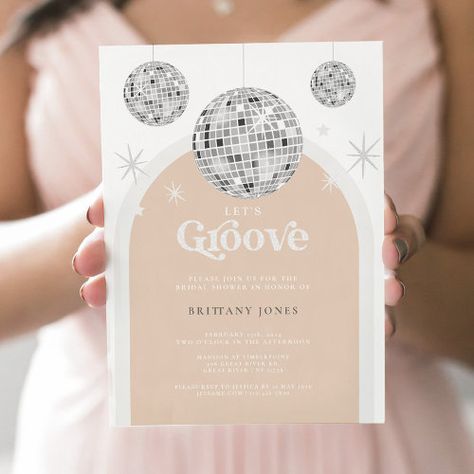 $3.08 | Silver Retro Disco Groovy Bridal Shower Invitation #invitation, calligraphy, retro bridal shower, silver glitter bridal shower, disco bridal shower, bridal shower invitation, 70s inspired bridal shower, silver and beige invitation, let's groove bridal shower, hippie bridal shower invite Disco Themed Bridal Shower Ideas, Groovy Bridal Shower Theme, Last Disco Bridal Shower Theme, Disco Bridal Shower Theme, Disco Bridal Shower Ideas, Bridal Shower Disco, Disco Invitations, Disco Brunch, Disco Ball Wedding Decor