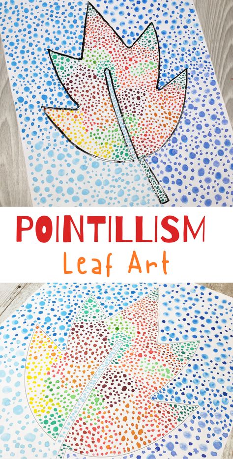 Pointillism art for kids. A fun leaf craft or leaf art project for kids to make as an autumn or fall craft. Pointillism Leaf Art, Pointalism Art For Kids, Leaf Art For Kids, Pointilism Art, Fall Leaf Art Projects, Pointalism Art, Art Docent, Leaf Craft, Art Project For Kids