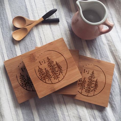 Custom Engraved Coaster Set, Personalized Bamboo Coasters, Custom Initials, Monogrammed Coasters, Pine Tree Design Pine Tree Design, Pine Tree Silhouette, Engraved Coasters, Monogram Coasters, Coaster Design, Wooden Coasters, Custom Initials, Tree Design, Tree Designs