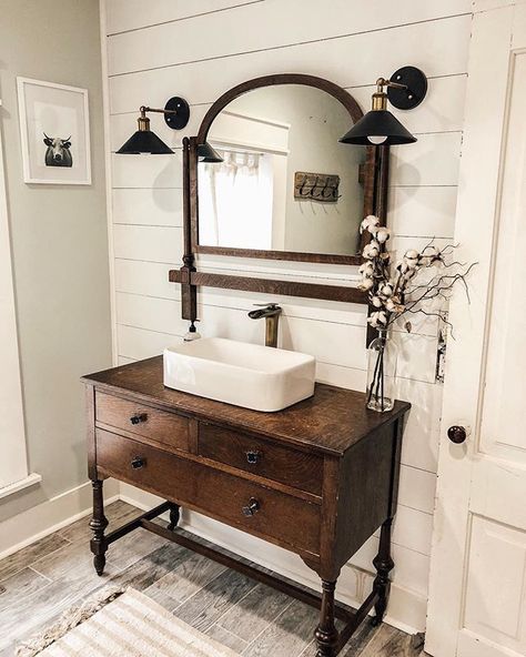 Gives me ideasnot for a sink or faucetbut for a hallwaysitting room or dining room side table Makeover Kamar Mandi, Farmhouse Bathroom Remodel, Diy Bathroom Makeover, Diy Bathroom Vanity, Bad Inspiration, Vinyl Decor, Diy Bathroom Decor, Bathroom Redo, Bathroom Renos