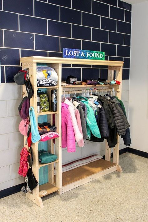 How to Build a Lost and Found Center - Pretty Handy Girl Beautification Projects For School, After School Decor Ideas, School Beautification Projects, After School Center Design, School Lost And Found Organization, School Lost And Found Ideas, School Entryway Ideas Elementary, Lost And Found Ideas For School, School Beautification Ideas