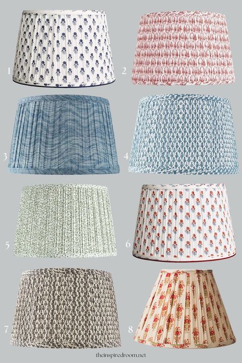 My Pleated Patterned Lampshades + Sources - The Inspired Room Patterned Lampshades, Chinoiserie Lamp, Bedroom Lampshade, Grandmillennial Style, Pleated Lampshade, Pleated Lamp Shades, Floral Lampshade, Lampshade Makeover, Southern Decor