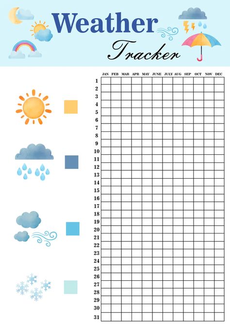 Weather Tracker Monthly Weather Tracker Printable, Weather Stickers Free Printable Planner, Weather Tracker Printable, Weather Tracker Bullet Journal, Work Tracker, Bullet Journal Layout Templates, Weather Tracker, Collage Creator, Study Planner Printable