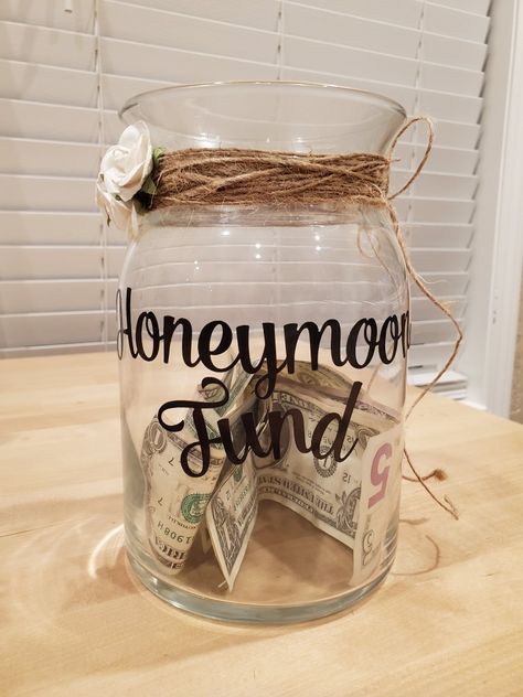 DIY honeymoon fund jar. Seriously, so easy and cheap! Diy Honeymoon Fund Jar, Honeymoon Jar, Honeymoon Fund Jar, Money Box Wedding, Moon Jar, Honey Diy, Honeymoon Fund, Money Jars, Bridal Shower Inspiration