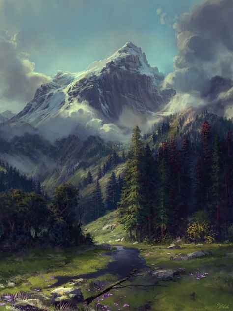 Mountain Forest Fantasy Art, Fantasy Mountain Forest, Fantasy Mountain Village Concept Art, Fantasy Taiga Landscape, Montain Fantasy Art, Fantasy Mountain Aesthetic, The God Of The Woods, Dnd Fantasy Art Landscape, Fantasy Mountain Art