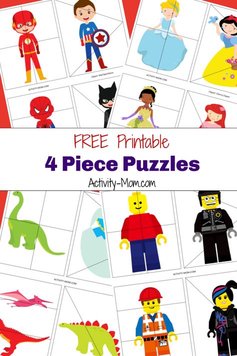 The Activity Mom - Free Printable 4 Piece Puzzles for Kids - The Activity Mom Superhero Puzzles Printable, Superhero Puzzle, Puzzle Activities For Kids, Puzzles For Preschoolers, Printable Activities For Toddlers, Aba Therapy Activities, Lego Puzzle, Printable Lego, Puzzle Activities