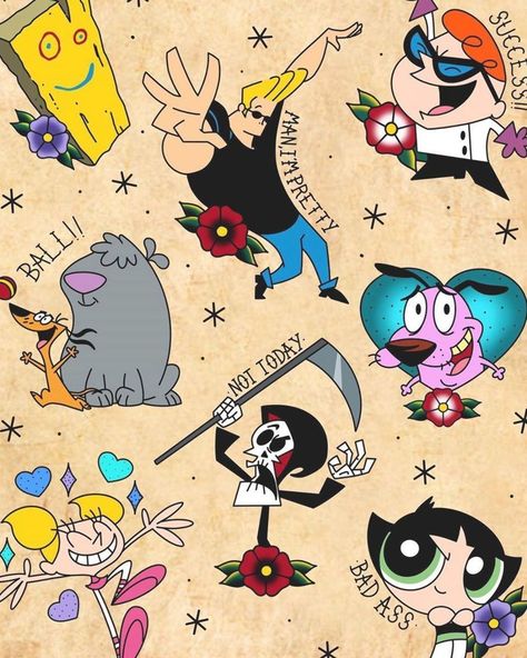 Necropolis Tattoo on Instagram: “90s Cartoon Network and Nickelodeon traditional tattoo designs available from artist @b_of_the_dead message him if interested!…” 90s Cartoon Network, Cartoon Network 90s, 90s Tattoos, Traditional Tattoo Designs, Christian Sleeve Tattoo, Cartoon Tattoo, Kunst Tattoos, Theme Tattoo, School Cartoon