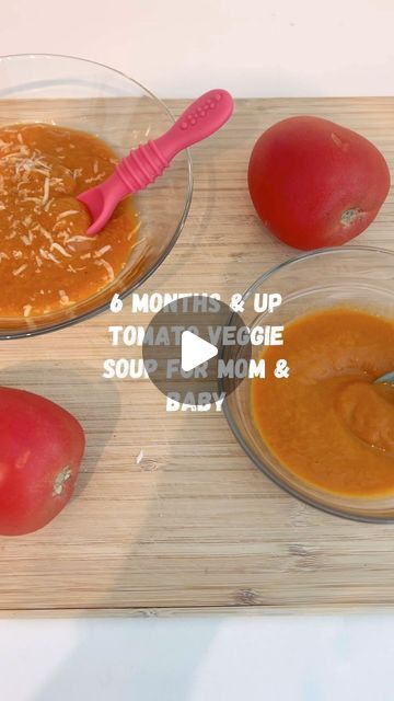 Natalie | Motherhood | Recipes on Instagram: "Day 83  Roasted Tomato Veggie Soup 🍅  NEW FOOD Red Bell Pepper 🌶️  Bell peppers are a great first food, they are loaded with Vitamin C, which is essential for baby’s immune health. They are a great source of fiber and have Vitamins B6, K1, A, potassium, folate & more!   This tomato soup is such a good recipe for baby and family! Try and serve with some toast for baby they will be able to chew it better since it will be wet from the soup! And make some grilled cheese for yourself, YUM 😋    Ingredients:  3 tomatoes 🍅 2 carrots 🥕  1 red bell pepper 🌶️ 1 onion 🧅  3 garlic cloves 🧄 Olive oil  Oregano (and any other seasonings you prefer)  1/2 cup of water or veggie broth   -Wash, cut and put veggies on baking tray -Drizzle olive oil -Add sea Tomato Veggie Soup, Soup For Babies, Recipe For Baby, Veggie Broth, Healthy Baby Food, Baby Puree, Veggie Soup, Roasted Tomato, New Food