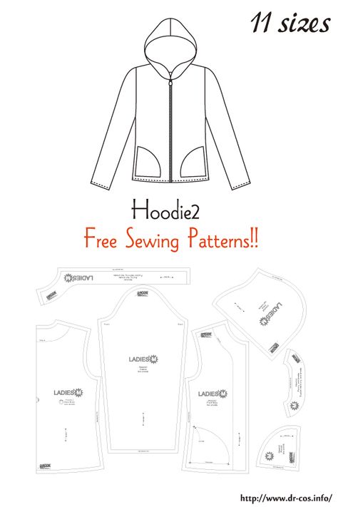 This is the pattern of a Hoodie2.   inch size(letter size) Children's-4,8,10/Ladies'-S,M,L,LL/Men's-S,M,L,LL   cm size(A4 size) Children's-100,120,140/Ladies'-S,M,L,LL/Men's-S,M,L,LL Make Hoodie, Pola Jaket, Hoodie Sewing, Hoodie Sewing Pattern, Sewing Patterns Free Women, Free Sewing Patterns, Hoodie Pattern, Jacket Pattern Sewing, Baby Dress Patterns